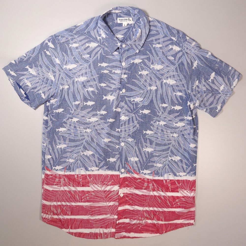The Endless Summer Mens Large L Shark Flag Hawaiian Allover Print Rayon Shirt